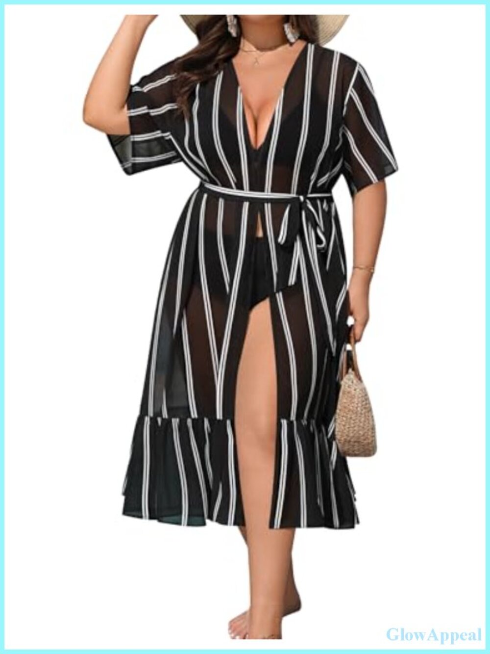Plus Size Chiffon Swim Cover Up, Open Front Cardigan Kimono, Ruffled Hem Beach